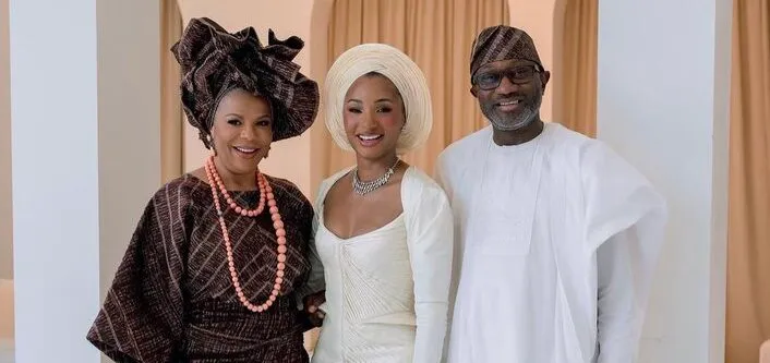 Femi Otedola, his wife and daughter, Temi Otedola at her wedding