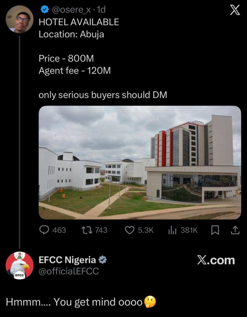 Nigerian man list EFCC office for sale on X as a joke, sparking viral reactions after the EFCC’s official account replied in Pidgin, drawing laughter and widespread online banter.