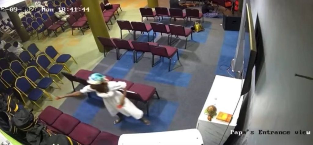 Ghanian woman arrested after arson attempt at Grace Mountain Ministries in Accra. CCTV footage shows her trying to set fire to the church auditorium before security intervened.