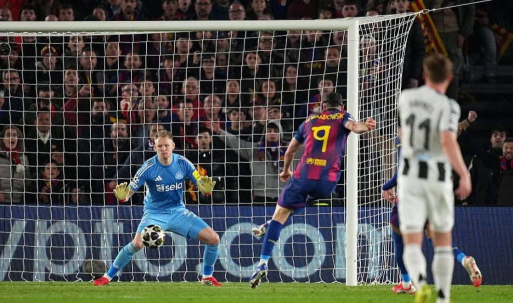 Barcelona thrash Newcastle 7-2 as they storm into the Champions League quarter-finals with an 8-3 aggregate win, powered by Raphinha and Lewandowski’s standout performances.