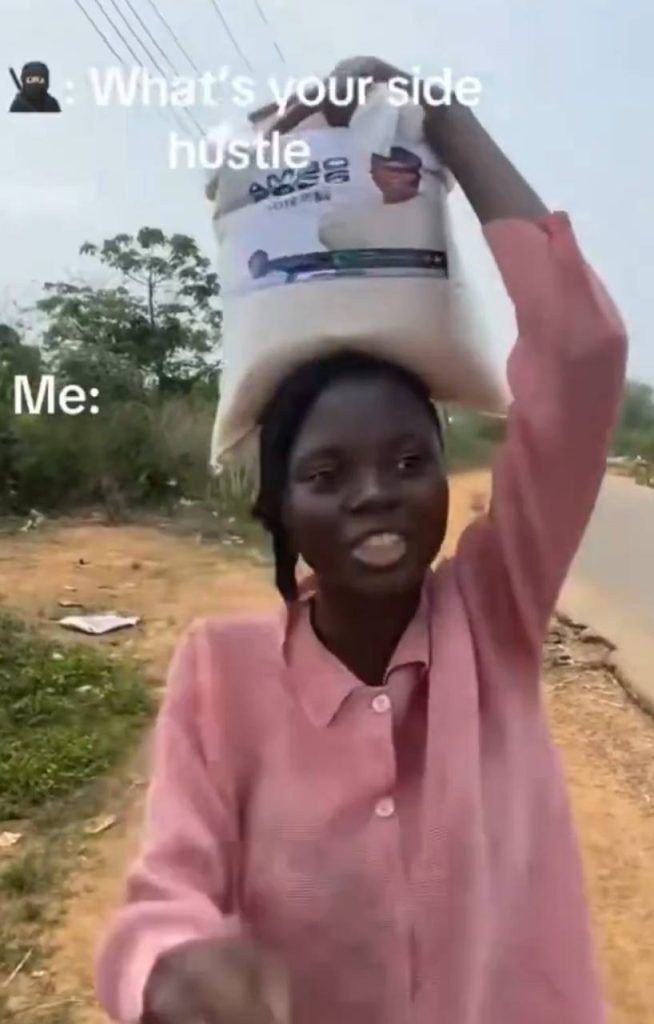 A Nigerian lady celebrates APC freebies in a viral video, claiming she’ll eat a bag of rice for three months, sparking online debate about vote buying and poverty in Nigeria.