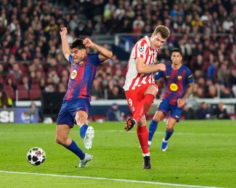 10-man Barcelona lose to Atlético Madrid in the UEFA Champions League quarter-final first leg after Pau Cubarsí’s red card and goals from Julián Álvarez and Alexander Sørloth secure a 2-0 win for Atlético.