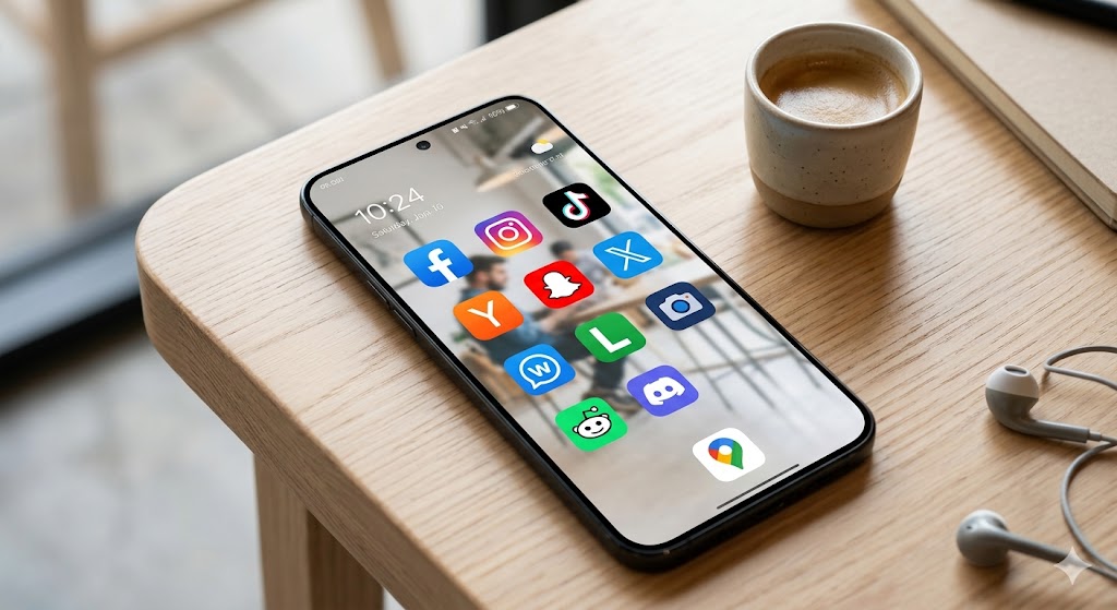 A phone with social media icon on the screen